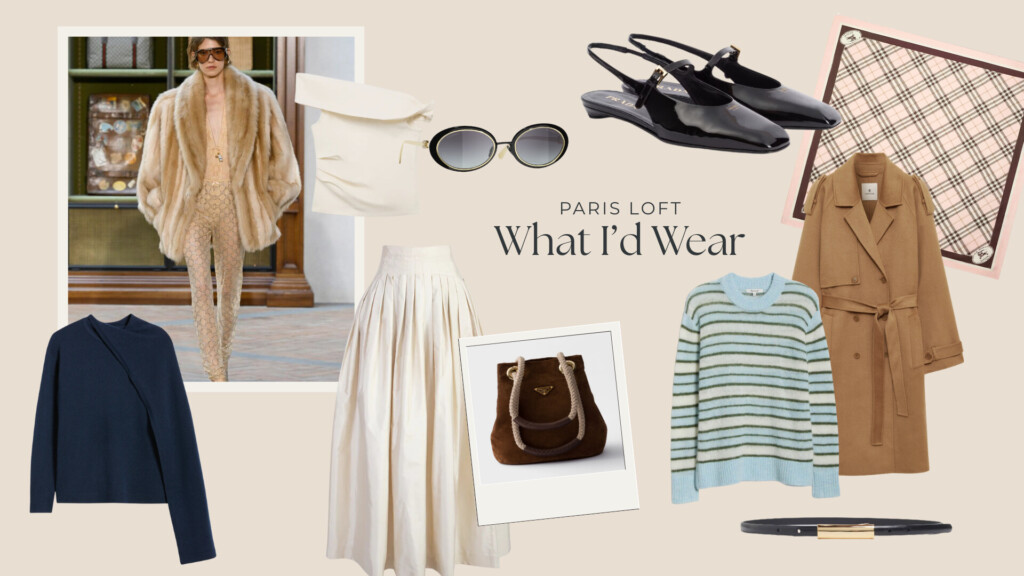 Paris Loft What I’d Wear fashion moodboard featuring relaxed Parisian-inspired outfits including a camel coat, striped sweater, pleated skirt, ballet flats, slingback shoes, sunglasses, silk scarf, and a soft neutral color palette.