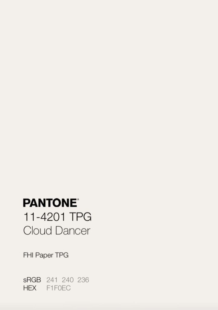Pantone color swatch labeled âPantone 11-4201 TPG Cloud Dancer,â a soft warm off-white tone, shown with color codes on a clean neutral background.
