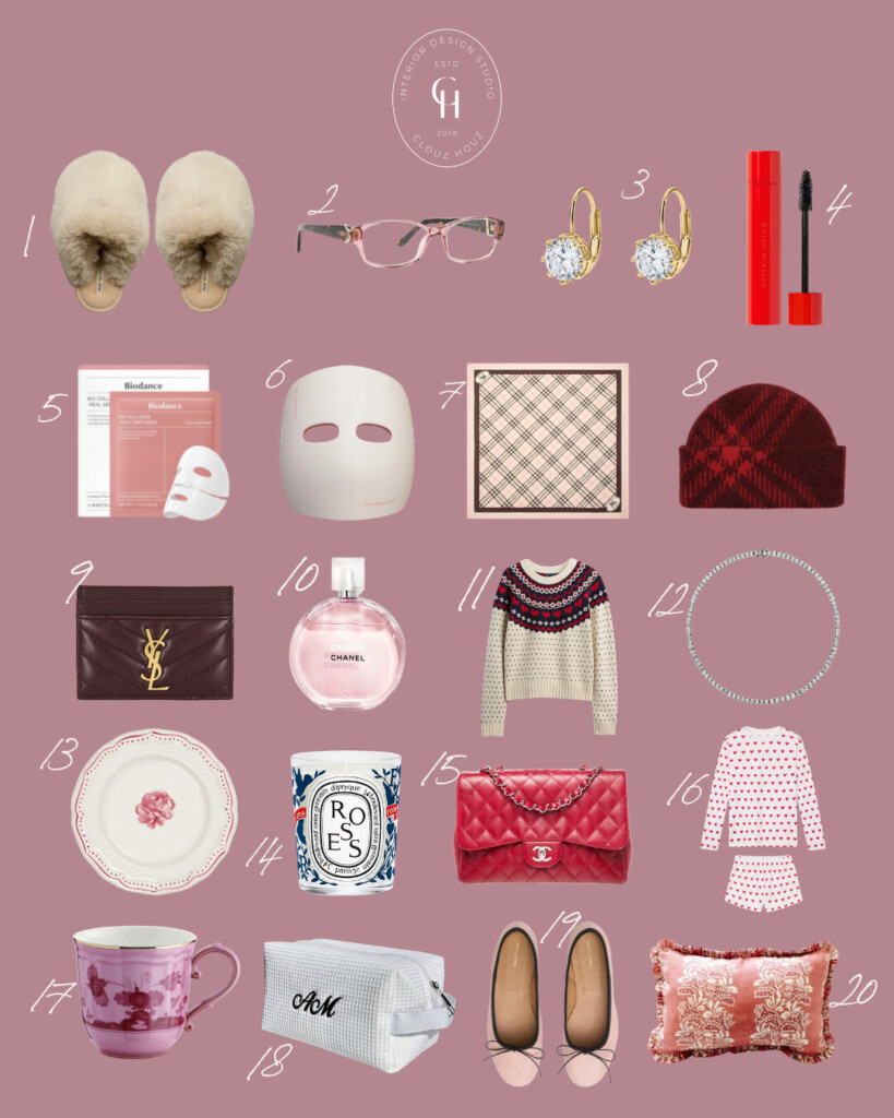 Valentine’s Day gift guide collage featuring cozy slippers, pink reading glasses, gold earrings, red mascara, skincare masks, silk scarf, plaid beanie, leather cardholder, Chanel perfume, knit sweater, tennis necklace, floral plate, decorative candle, red quilted handbag, heart print pajamas, pink mug, personalized toiletry bag, ballet flats, and patterned accent pillow on a blush background.