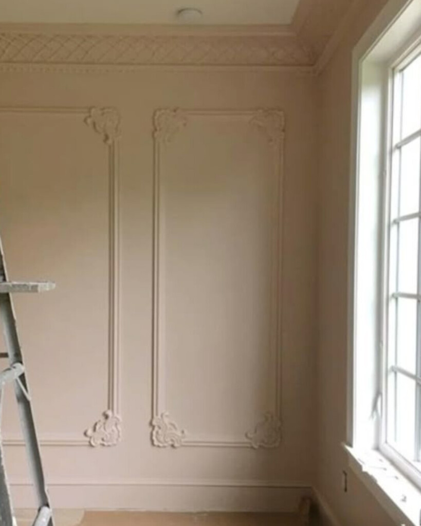 Historic-style room with pale pink plaster walls and decorative molding, showcasing ornate wall detailing and soft neutral pink paint in natural daylight.
