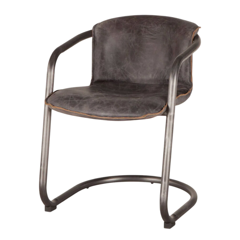 Dark brown distressed leather dining chair with curved metal frame, tubular legs, and a sleek, industrial silhouette.