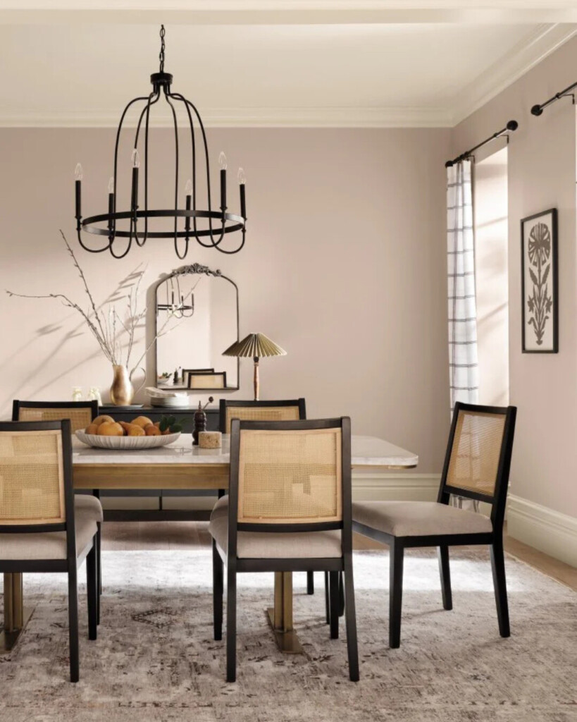 Light pink dining room with black chandelier and cane-back chairs, showcasing a neutral blush wall color paired with natural wood furniture and soft textiles.