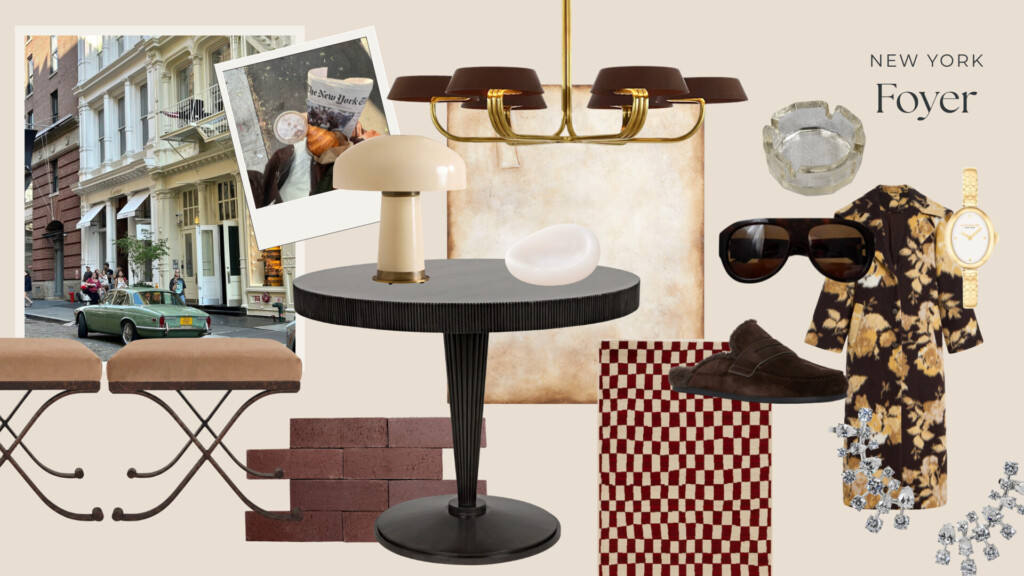 New York industrial foyer mood board featuring a black round pedestal table, red checkered runner rug, brass chandelier, abstract neutral artwork, and layered brown tones with fashion accents.