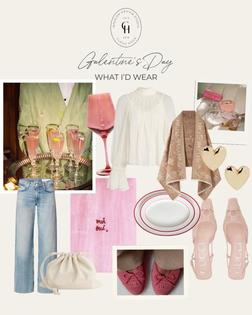 Galentine’s Day outfit mood board on a soft cream background featuring light-wash straight-leg jeans, a sheer ivory blouse, blush Gucci slingback heels, a cream drawstring pouch bag, a pink stemmed wine glass, heart-shaped gold earrings, a blush table runner embroidered “oui oui,” red-rimmed plates, and vintage-inspired photos of champagne glasses and pink ballet flats, styled under the heading “Galentine’s Day: What I’d Wear.”