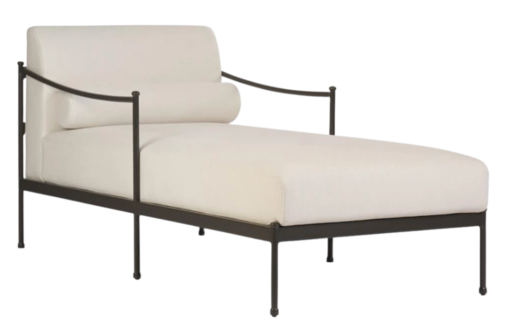 Modern black metal outdoor chaise lounge with ivory cushions and bolster pillow