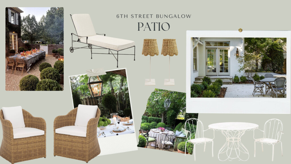 Patio design mood board featuring wicker lounge chairs, chaise, bistro table, woven lamps, pea gravel patio inspiration, and French doors for a cottage-style outdoor space