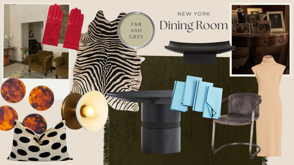 Industrial New York dining room mood board with black pedestal dining table, zebra hide rug, polka dot velvet pillow, tortoise acrylic coasters, blue napkins, brass wall sconce, and moody olive backdrop.
