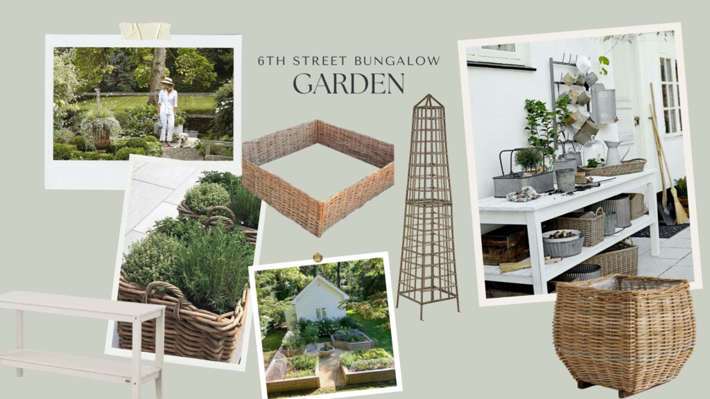 Garden design mood board with raised garden beds, wicker planters, trellis obelisk, potting bench, and European-inspired backyard garden inspiration