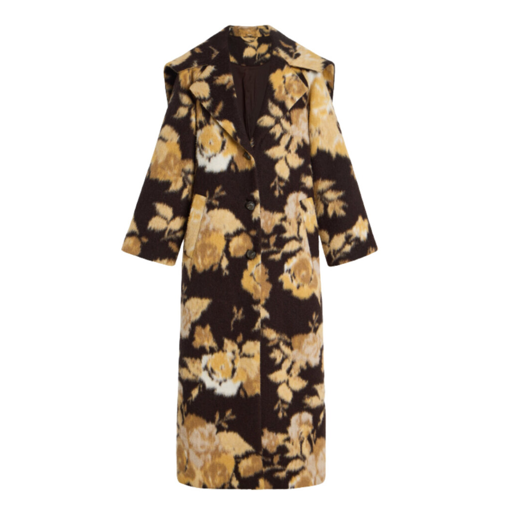 Long tailored coat in deep brown with oversized golden floral print and notched lapels.