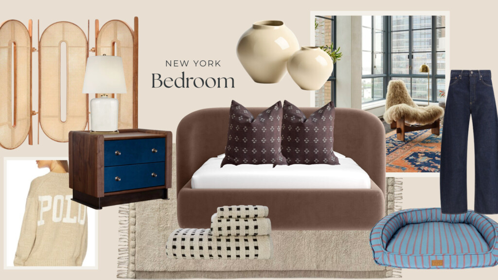 Cozy industrial New York bedroom mood board with upholstered brown bed, cane room divider, blue nightstand, patterned pillows, checkered towels, chic striped dog bed, and large steel-framed windows.
