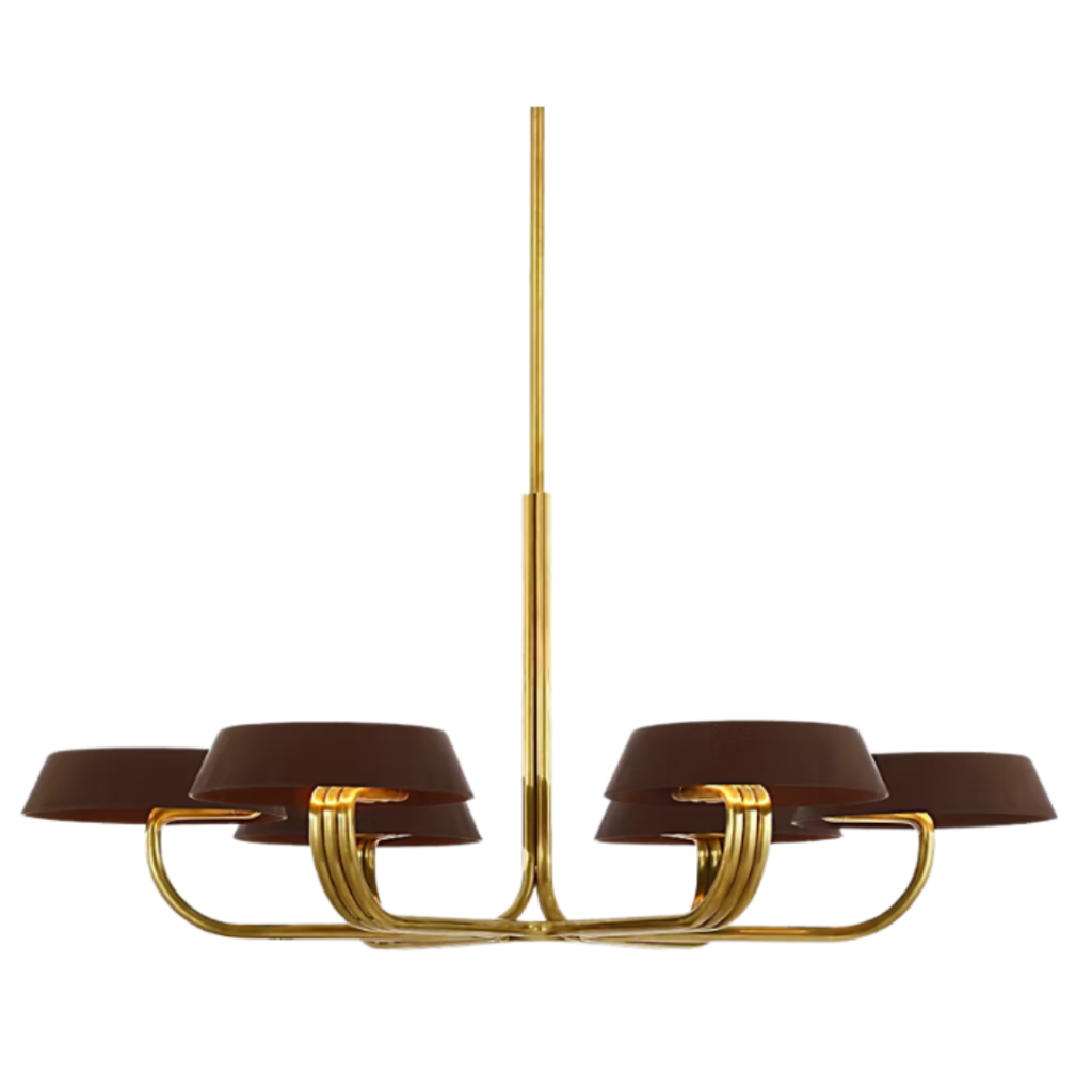Brass chandelier with curved arms and brown metal shades