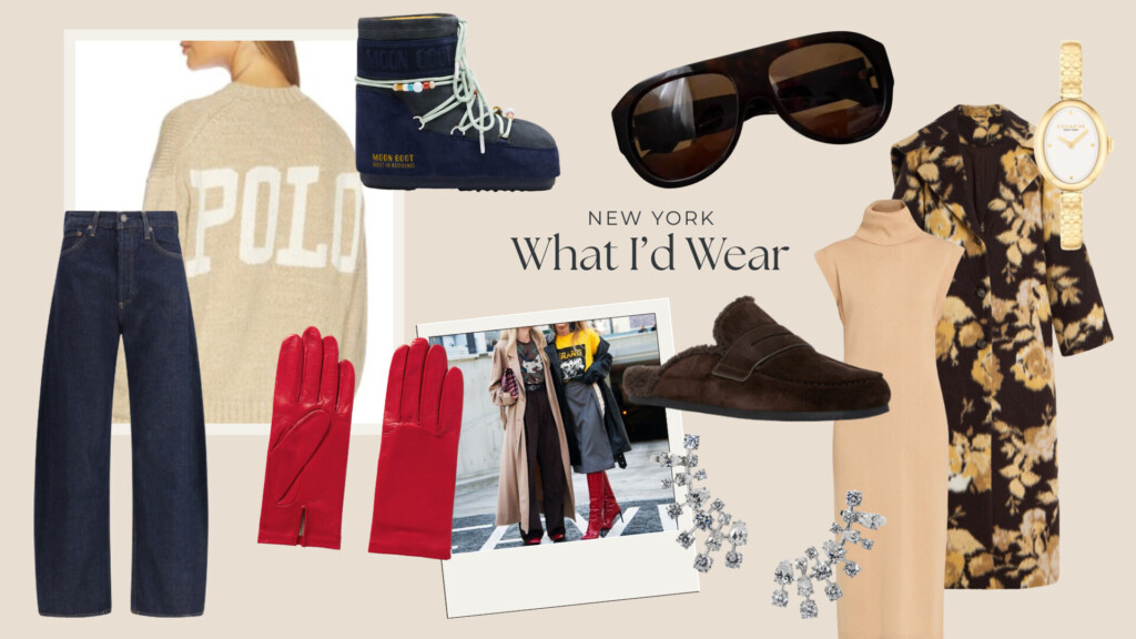 New York winter fashion mood board featuring wide-leg denim, Ralph Lauren polo sweater, red leather gloves, camel knit dress, floral statement coat, oversized sunglasses, moon boots, and crystal earrings.
