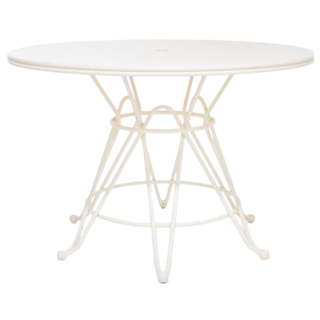White powder-coated metal outdoor bistro table with circular top