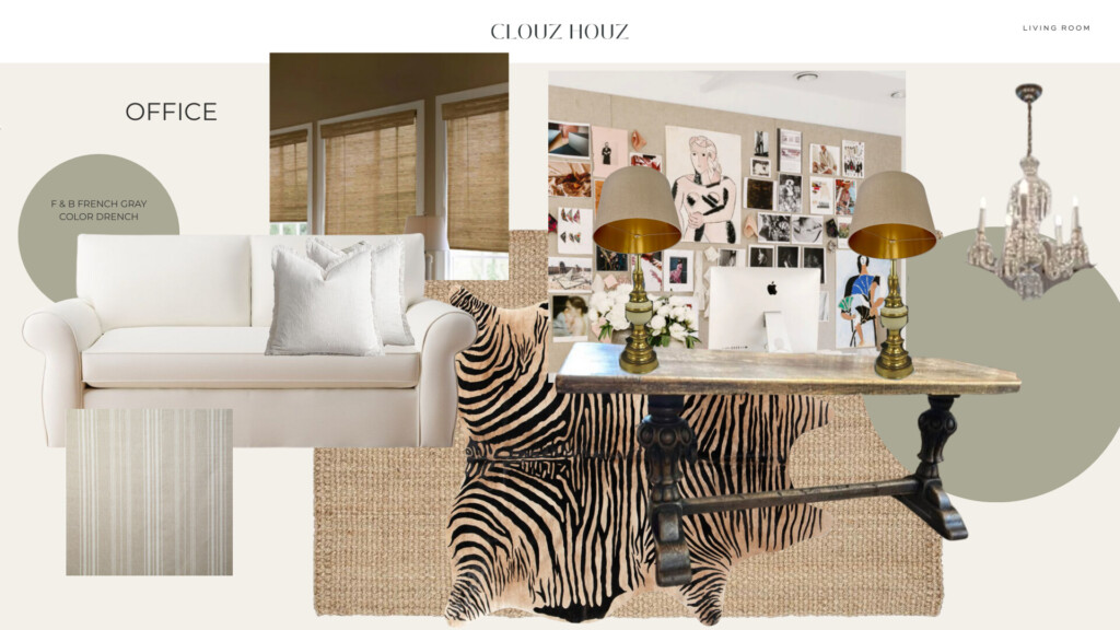 Layered home office design concept featuring a zebra hide rug over jute, a vintage wooden desk used as a workspace, brass table lamps with warm shades, a white upholstered sofa, linen drapery panels with woven jute shades, and a color-drenched green wall palette for a collected, old-world inspired office.