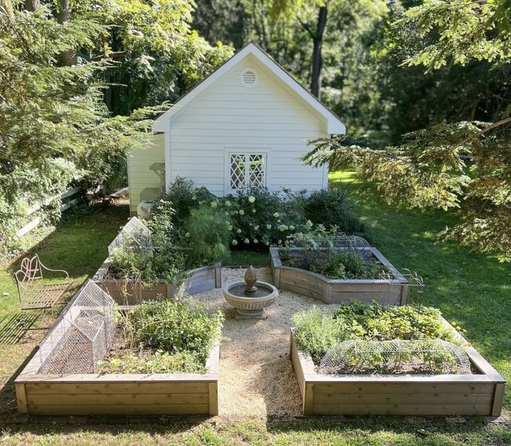 Charming backyard garden with raised wooden garden beds, gravel pathways, central fountain, and small white garden shed surrounded by lush greenery