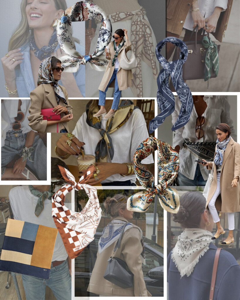 A curated fashion mood board featuring women styling patterned silk scarves in classic, everyday outfits. The collage includes neutral trench coats, white tees, denim, loafers, ballet flats, structured handbags, gold jewelry, and sunglasses. Scarves are worn tied at the neck, wrapped around handbags, styled as headscarves, and draped over shoulders, showcasing rich colors, paisley and floral prints, and timeless patterns in soft browns, blues, creams, and greens. The overall aesthetic feels effortless, polished, and Parisian-inspired, highlighting scarves as a versatile, elevated accessory for everyday wear.