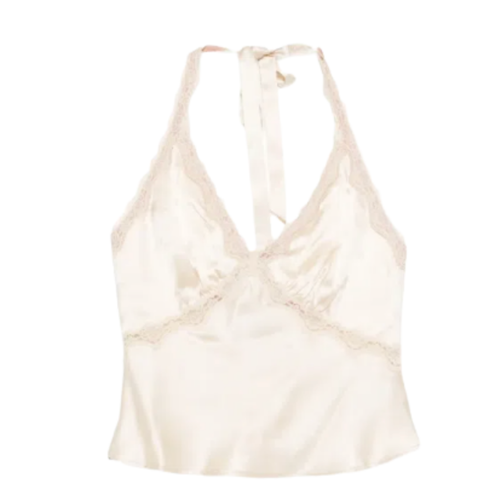 Ivory Silk Halter Top – Ivory silk halter camisole with delicate lace trim and soft draping, lightweight and feminine for warm-weather layering.