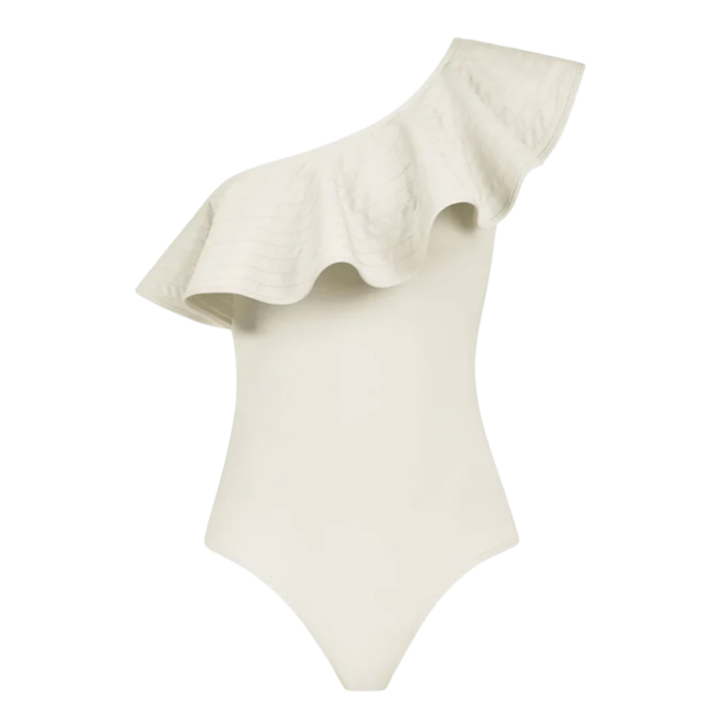 Cream One-Shoulder Swimsuit – Minimal cream one-shoulder one-piece swimsuit with ruffle detail across the neckline.
