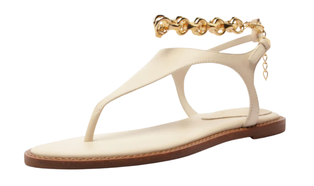Cream Leather Sandals with Gold Chain Detail – Flat cream leather thong sandals featuring a gold chain ankle strap and minimal silhouette.