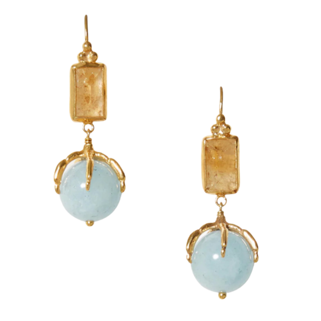 Gold and Blue Statement Earrings – Gold drop earrings featuring rectangular amber-toned stones and round pale blue beads for a bold, vintage-inspired look.