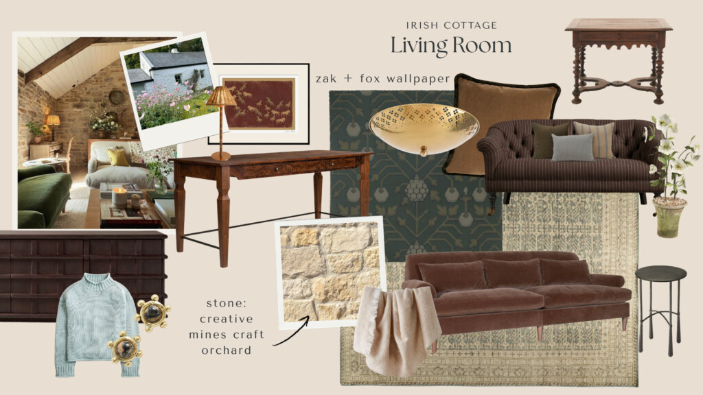 Irish cottage living room mood board featuring a brown velvet sofa, stone wall inspiration, traditional wallpaper, layered vintage wood tables, muted green and neutral tones, and soft textiles.