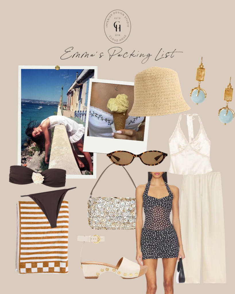 Flat lay collage titled “Emma’s Packing List” featuring a straw bucket hat, tortoiseshell sunglasses, gold and aqua statement earrings, ivory silk dress, cream wide-leg trousers, black polka dot mini dress, brown floral bandeau bikini, brown bikini bottoms, Louis Vuitton orange checkered beach towel, beaded shoulder bag, white studded clogs, minimal gold belt, and vacation inspiration photos by the sea.