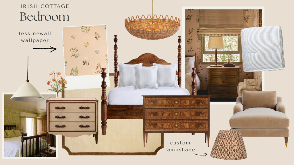 Irish cottage bedroom mood board with floral wallpaper, wood four-poster bed, vintage dressers, woven pendant light, soft neutral bedding, and layered antique-inspired furnishings.