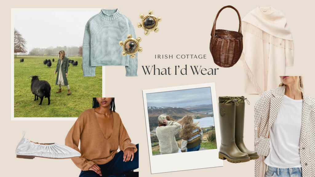 Irish cottage-inspired outfit mood board featuring cozy knitwear, neutral coat, woven bag, tall boots, flats, and soft, earthy-toned clothing for a relaxed countryside aesthetic.
