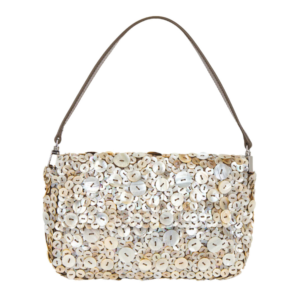 Beaded Shoulder Bag – Small shoulder bag covered in layered ivory shell disc embellishments with a slim brown leather strap.