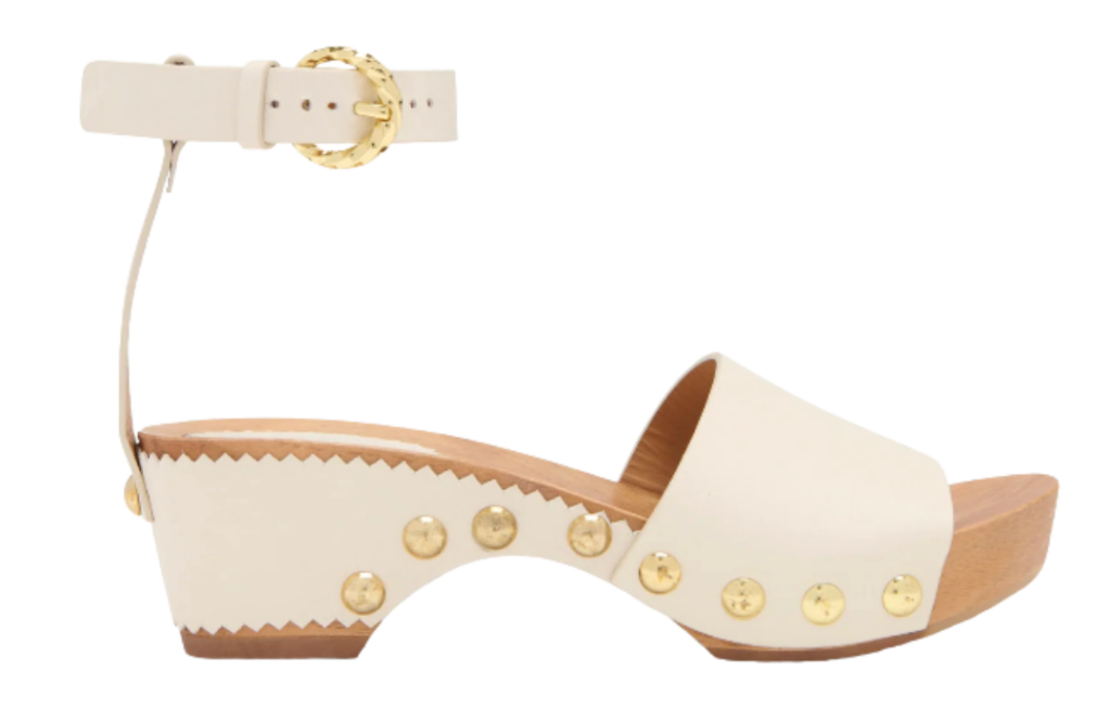 Cream Leather Platform Sandals – Cream leather platform sandals with gold stud detailing, wooden sole, and ankle strap with gold buckle.