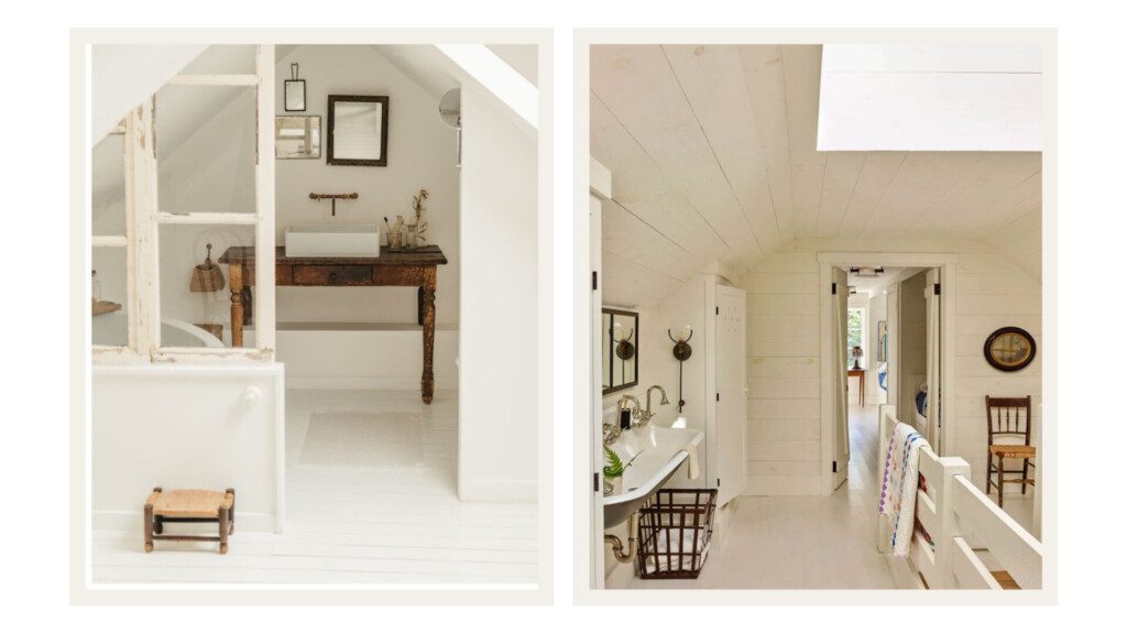 Light-filled cottage bathroom with painted white wood floors, vintage wooden vanity, vessel sink, and layered antique mirrors; adjacent hallway with shiplap walls, open railing, and soft neutral tones.