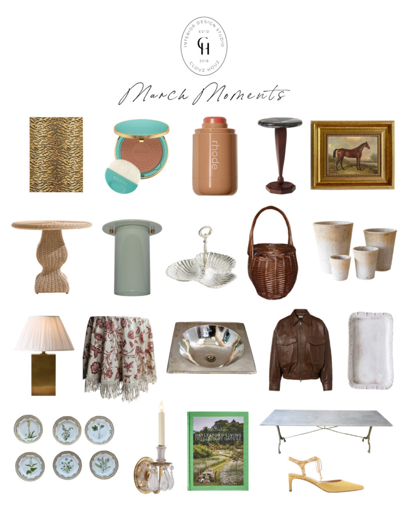 Curated “March Moments” collage featuring a mix of interior design and lifestyle favorites including a tiger print rug, Gucci bronzer compact, Rhode beauty stick, marble pedestal table, vintage horse painting, wicker side table, sage green flush mount light, silver shell dish, woven basket, aged terracotta planters, brass lamp, floral throw, hammered metal sink, brown leather bomber jacket, white ceramic tray, botanical plates, crystal wall sconce, green hardcover coffee table book, metal dining table, and yellow kitten heels.