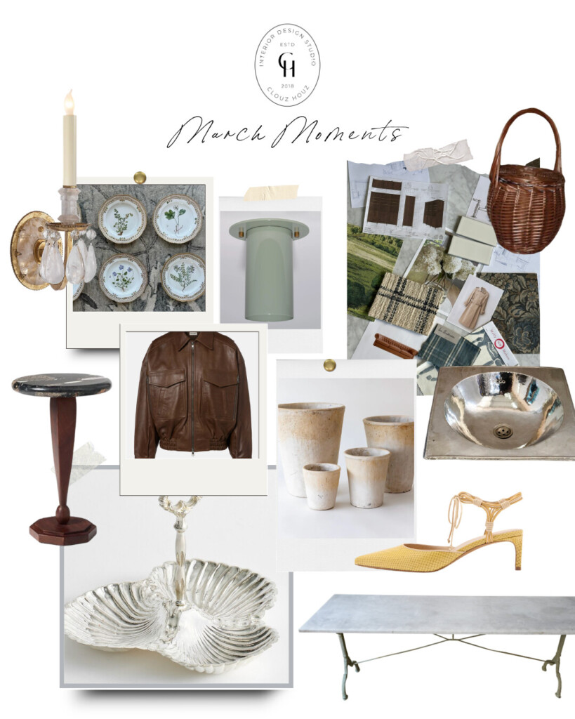 Curated “March Moments” collage featuring a mix of interior design and lifestyle favorites including a tiger print rug, Gucci bronzer compact, Rhode beauty stick, marble pedestal table, vintage horse painting, wicker side table, sage green flush mount light, silver shell dish, woven basket, aged terracotta planters, brass lamp, floral throw, hammered metal sink, brown leather bomber jacket, white ceramic tray, botanical plates, crystal wall sconce, green hardcover coffee table book, metal dining table, and yellow kitten heels.