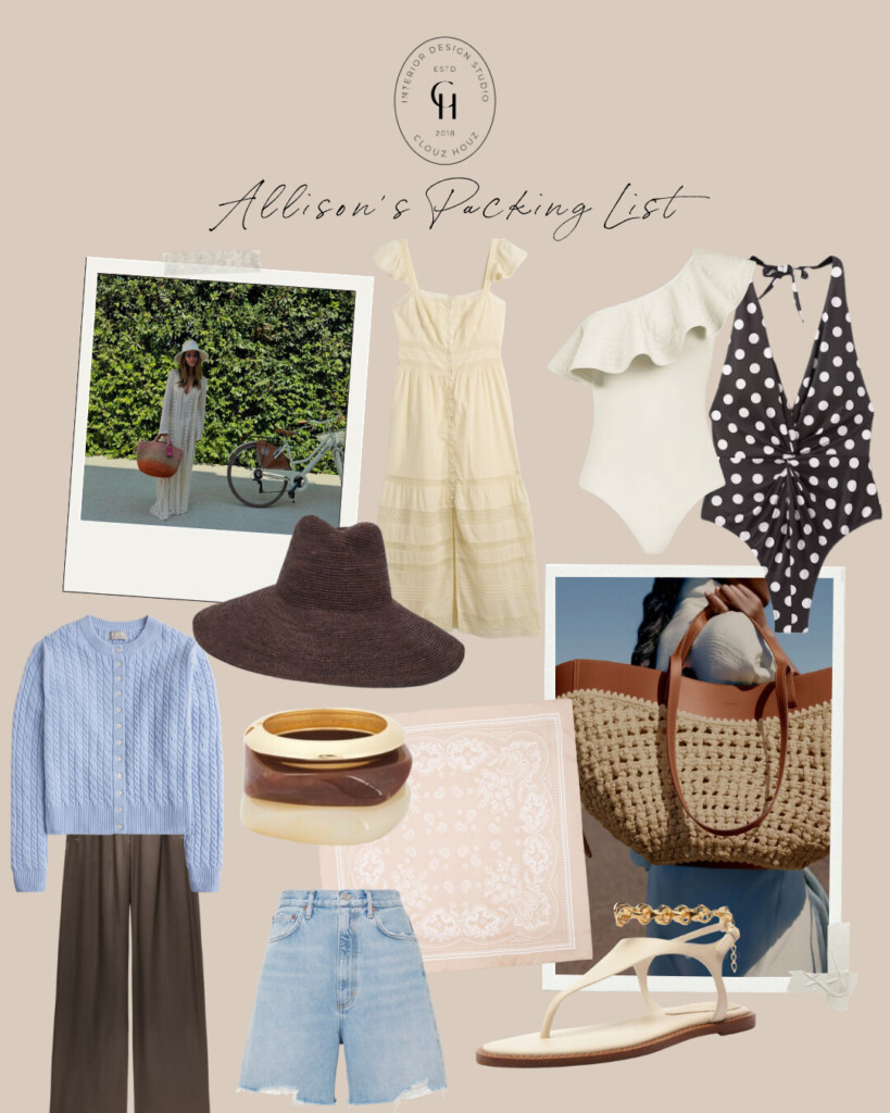 Flat lay collage titled “Allison’s Packing List” featuring a butter yellow button-front midi dress, ivory one-shoulder swimsuit, black polka dot one-piece, chocolate brown raffia hat, blue cable-knit cardigan, chocolate silk skirt, woven leather tote bag with structured trim, light-wash denim shorts, cream leather sandals with gold detail, amber resin cuff bracelet, and orange checkered scarf styled for a warm-weather vacation.