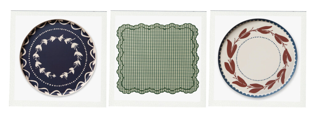 Three tabletop items displayed side by side: a navy blue plate with a white floral border, a green gingham placemat with scalloped edges, and a cream plate with a red botanical pattern.
