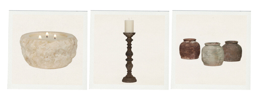 Three rustic decor items: a textured stone candle with multiple flames, a tall turned wood candlestick, and a group of aged clay vessels in earthy tones.