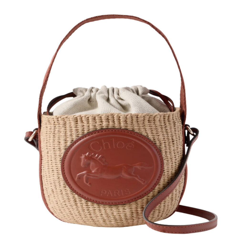 Woven straw Chloé handbag with brown leather handle and drawstring closure