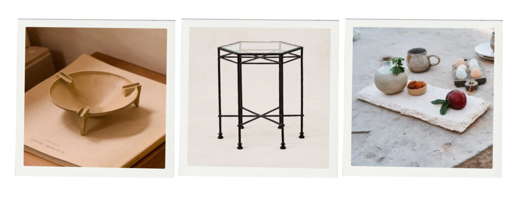 Three decor pieces: a small sculptural brass dish resting on a book, a black metal and glass side table, and a styled tabletop with a stone slab, ceramics, eggs, and a peach.