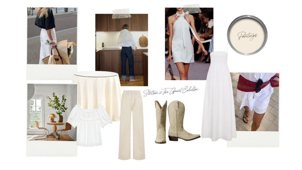 A soft, neutral-toned mood board featuring spring-inspired fashion and interiors: white dresses, a puff-sleeve blouse, cream denim, suede boots, and a fringed table layered with warm wood tones. Includes lifestyle imagery of casual outfits, a kitchen moment, and a styled dining nook, alongside Farrow & Ball “Pointing” paint—capturing a light, airy, and feminine aesthetic with subtle Western influence.