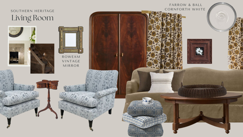 Southern Heritage living room mood board featuring upholstered armchairs, a neutral sofa with pillows, wood cabinet, vintage mirror, floral curtains, and a round coffee table in warm, traditional tones.