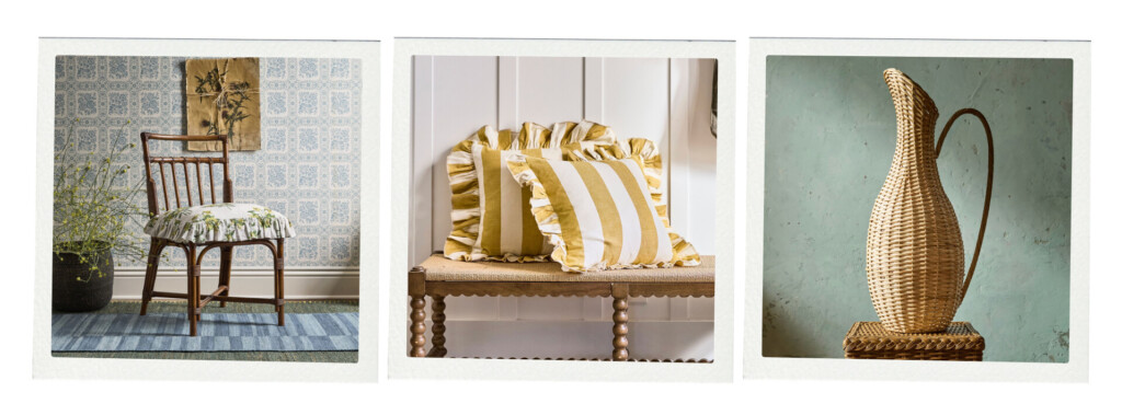 A collection of decor pieces including a vintage-style wooden chair with a patterned cushion, yellow striped ruffle pillows on a bench, and a woven wicker pitcher.