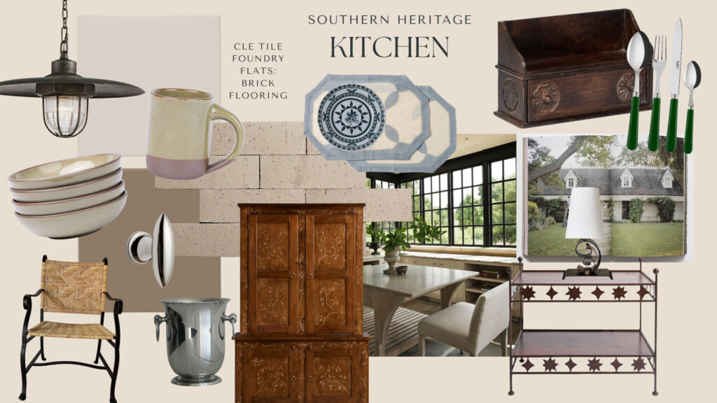 Southern Heritage kitchen mood board with ceramic dishes, mug, flatware with green handles, wood cabinet, woven chair, metal ice bucket, tile samples, and a bright kitchen interior.