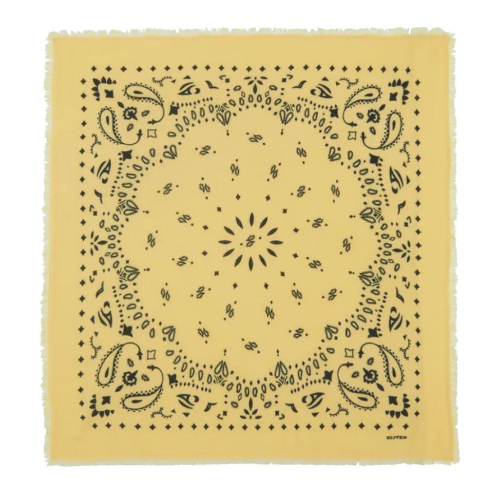 Yellow bandana with black paisley pattern and soft frayed edges