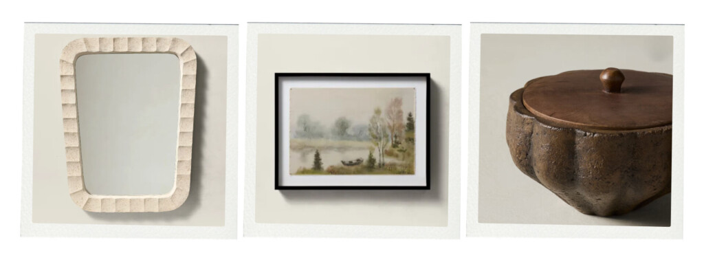 Three decorative objects: a sculptural cream-framed mirror, a framed landscape painting, and a rounded carved wooden container with a lid.