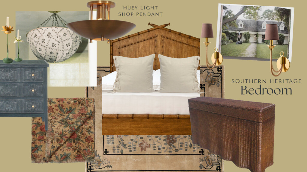 Southern Heritage bedroom mood board featuring a wooden bed with neutral pillows, patterned rug and fabric, blue dresser, wicker chest, brass lighting, and soft, classic decor elements.