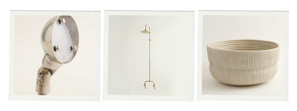 A trio of home elements: a close-up of a brass outdoor light fixture, a minimalist brass shower, and a ribbed ceramic bowl in a soft neutral tone.