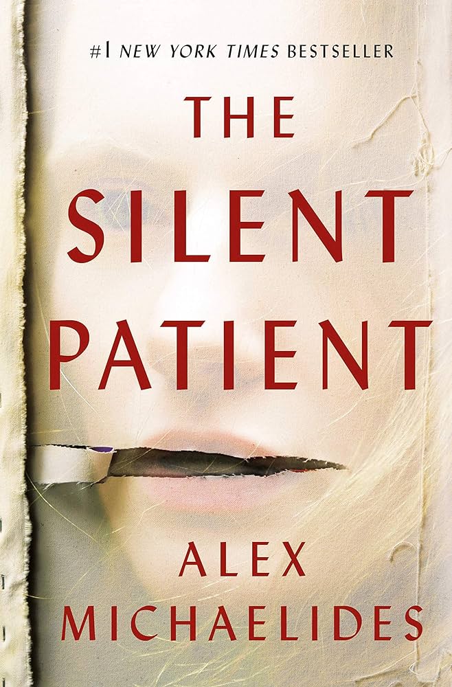 Book cover of The Silent Patient by Alex Michaelides, featuring bold red typography on a textured, torn canvas background with a partially obscured face beneath the surface.