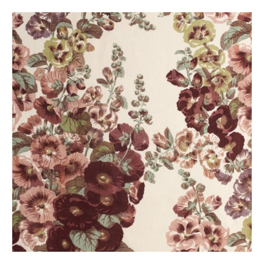Vintage-inspired floral fabric pattern featuring muted burgundy, blush, and sage green flowers on a soft cream background.