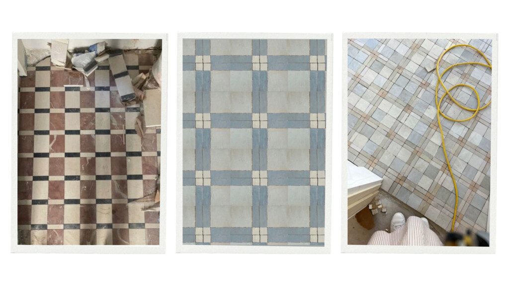 Collage of tile samples: worn red and cream checkerboard floor, soft blue grid-pattern tile, and a pale tiled floor with a coiled yellow extension cord.