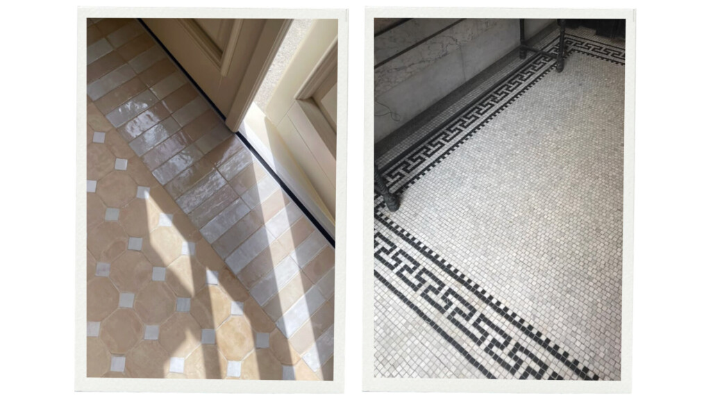 Two inset images: left shows octagonal terracotta and cream tiles with sunlight casting shadows; right shows small white mosaic tiles bordered by a black Greek key pattern.